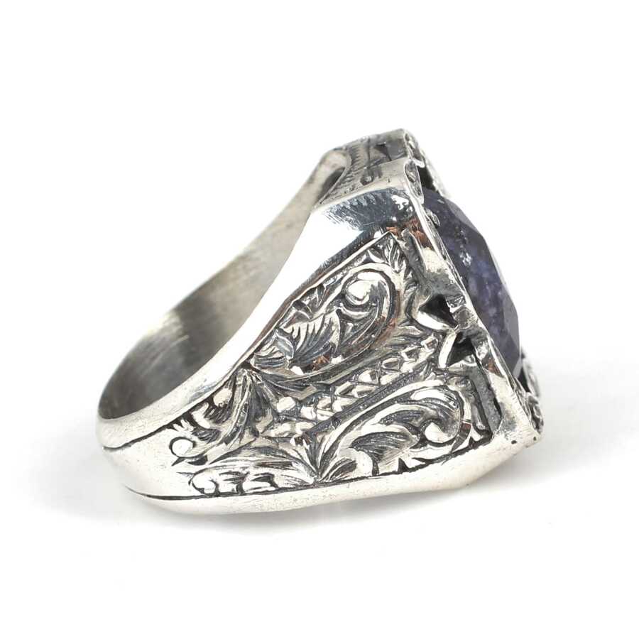 Sterling Silver Root Sapphire Men's Ring - Handcrafted Rectangular