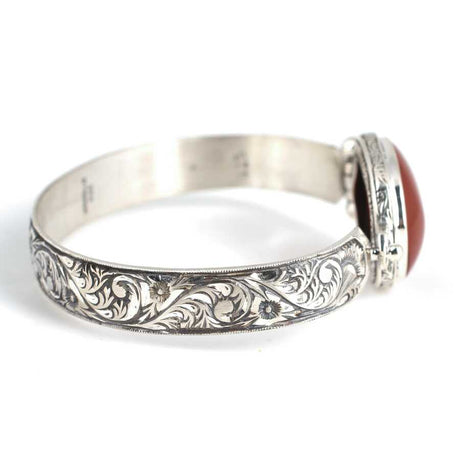 925 Sterling Silver Agate Bangle Bracelet - Hand-Engraved Design