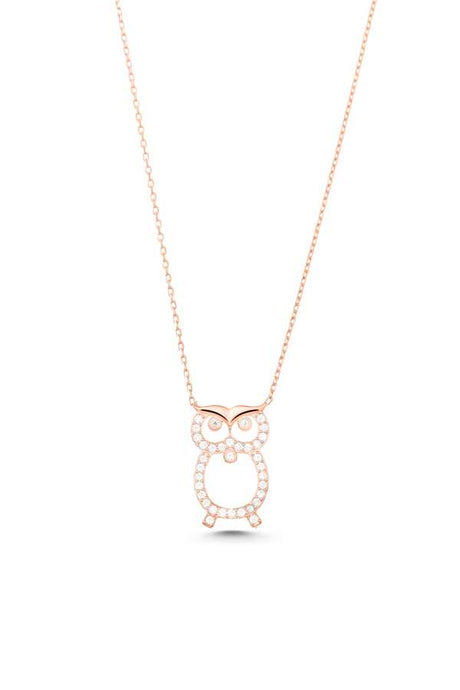 Sterling Silver Owl Pendant Necklace - White Zircon & Wisdom Symbol
