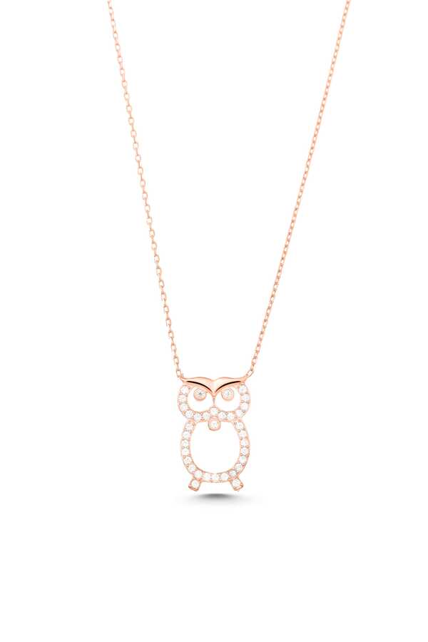 Sterling Silver Owl Pendant Necklace - White Zircon & Wisdom Symbol