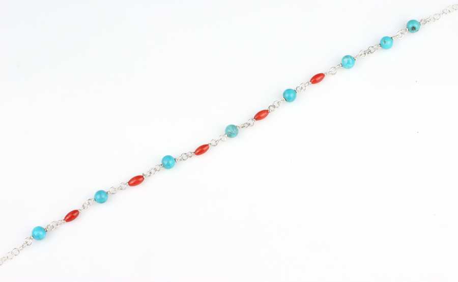 925 Sterling Silver Turquoise & Coral Anklet - Coastal Charm