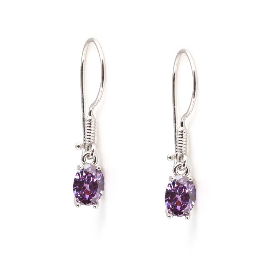 925 Sterling Silver Oval Amethyst Drop Earrings - Petite Design
