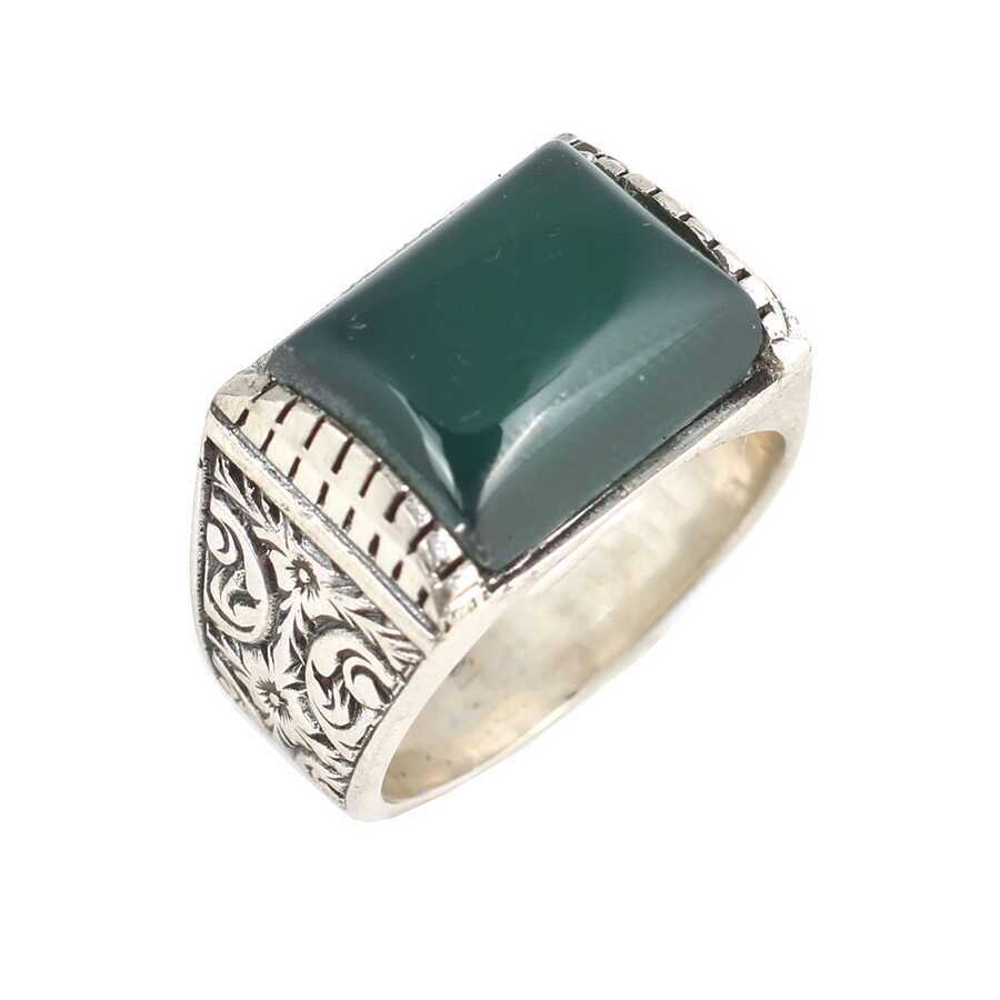 Anillo de plata de ley 925 para hombre con ágata verde rectangular