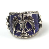 925 Sterling Silver Ottoman Eagle Men's Ring - Handcrafted Synthetic Sapphire