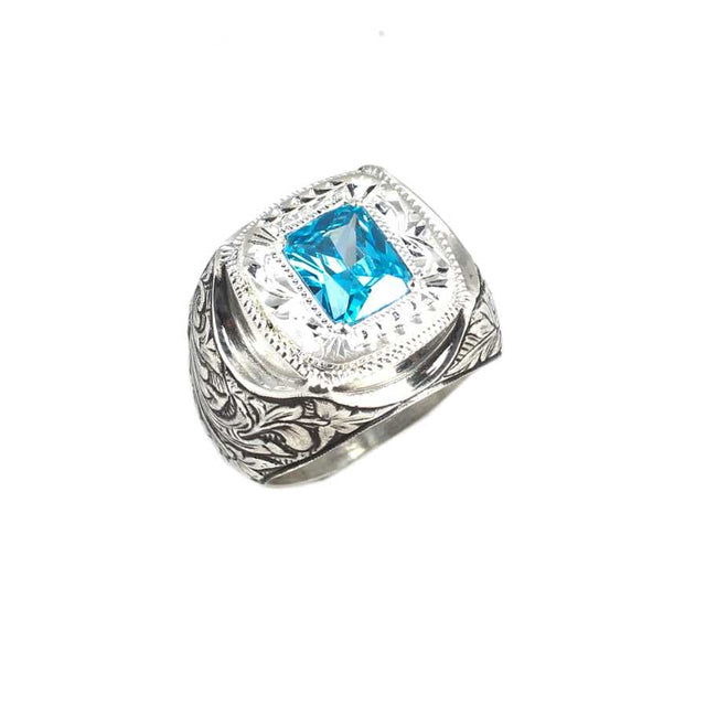 Artisan Engraved 925 Sterling Silver Aquamarine Men's Ring