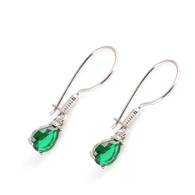 Petite Sterling Silver Dangle Earrings - Synthetic Emerald Teardrop