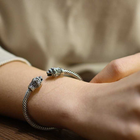 925 Sterling Silver Men's Bracelet - Maned Lion Head Twisted Cable