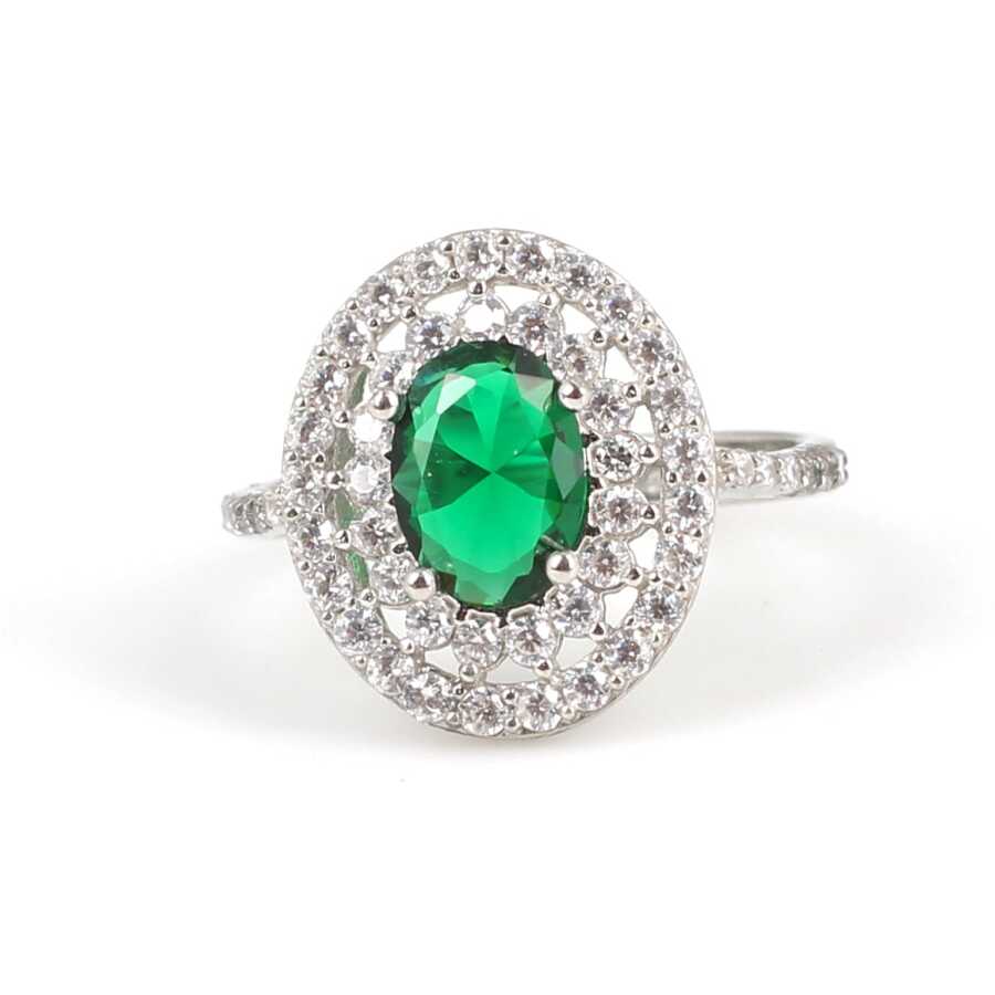 925 Sterling Silver Oval Emerald Zircon Double Halo Ring