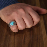 925 Sterling Silver Oval Turquoise Men's Ring with Engravings
