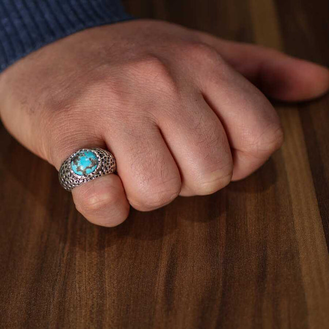 925 Sterling Silver Oval Turquoise Men's Ring with Engravings