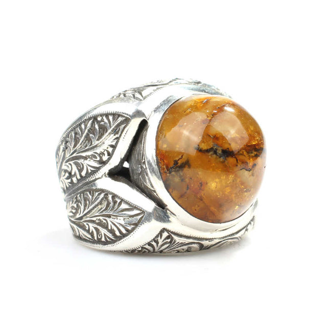 925 Sterling Silver Round Amber Men's Ring - Hand-Engraved Design