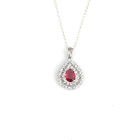 925 Sterling Silver Double Row Teardrop Halo Ruby-Colored Zircon Necklace