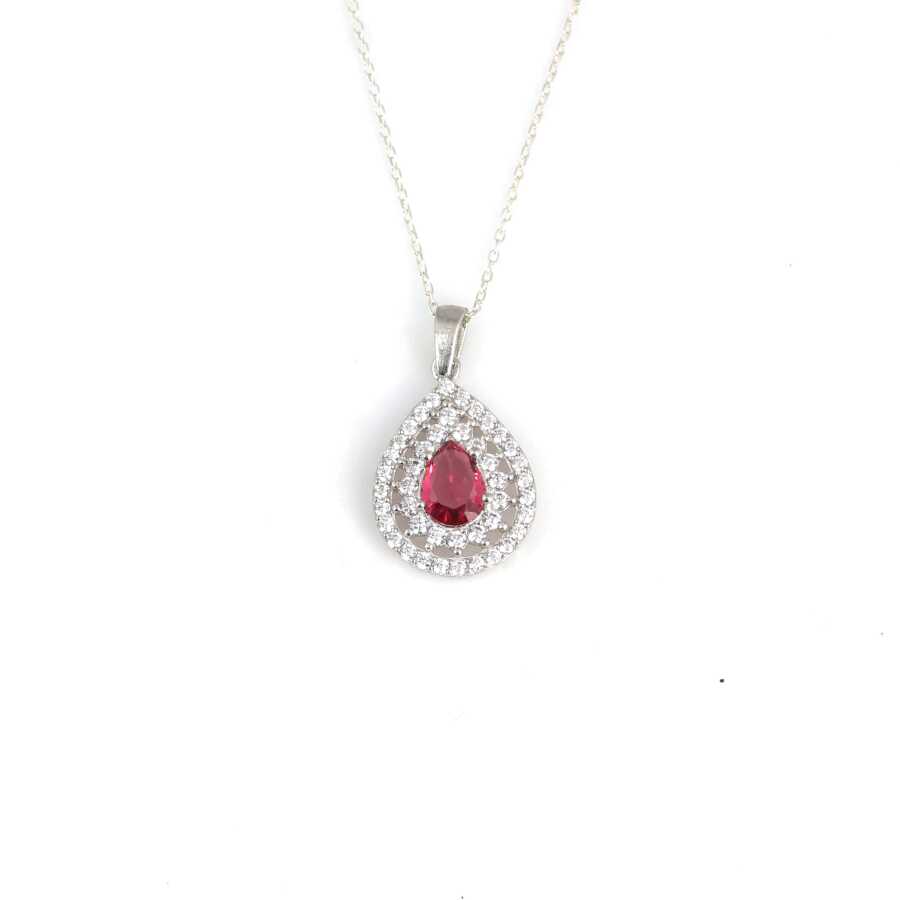 925 Sterling Silver Double Row Teardrop Halo Ruby-Colored Zircon Necklace