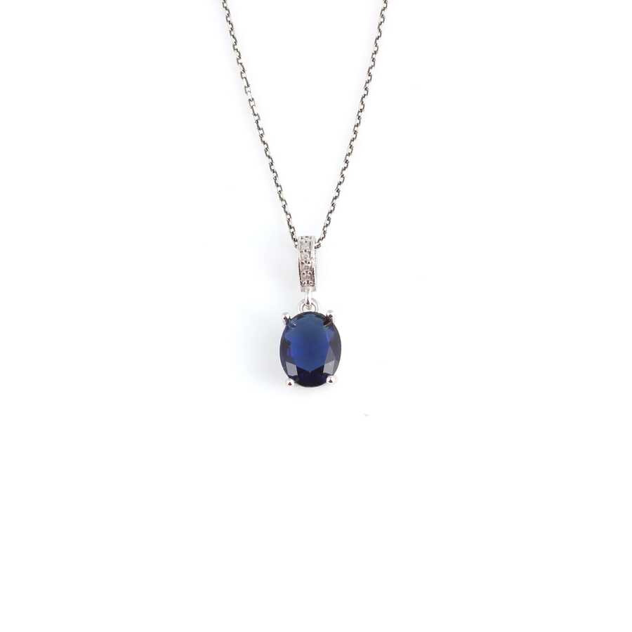 925 Sterling Silver Oval Synthetic Sapphire Solitaire Necklace