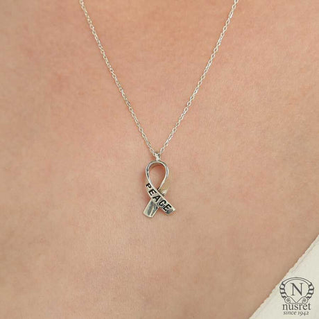 925 Sterling Silver Ribbon Necklace - "PEACE" Engraved Pendant