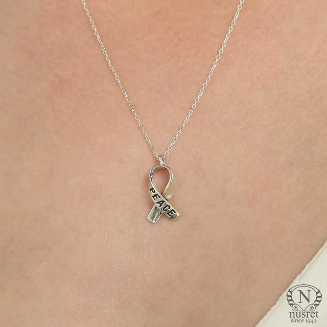 925 Sterling Silver Ribbon Necklace - "PEACE" Engraved Pendant