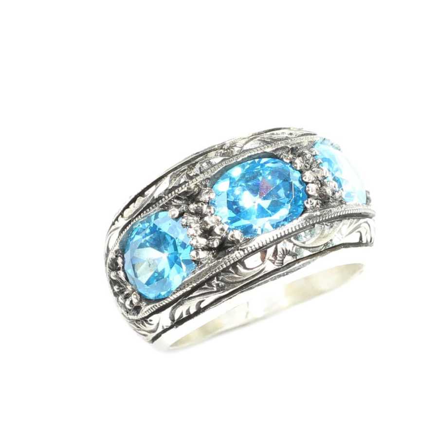 Sterling Silver Hand-Engraved Men's Ring with Three Aquamarine Stones