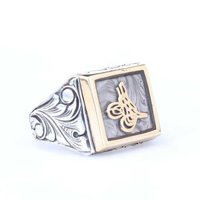 Sterling Silver & Bronze Ottoman Tughra Men's Ring - Grey Enamel