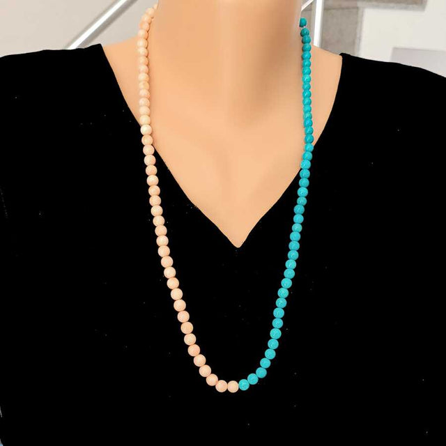 Sterling Silver Coral & Turquoise Necklace - Dual Gemstone Strand