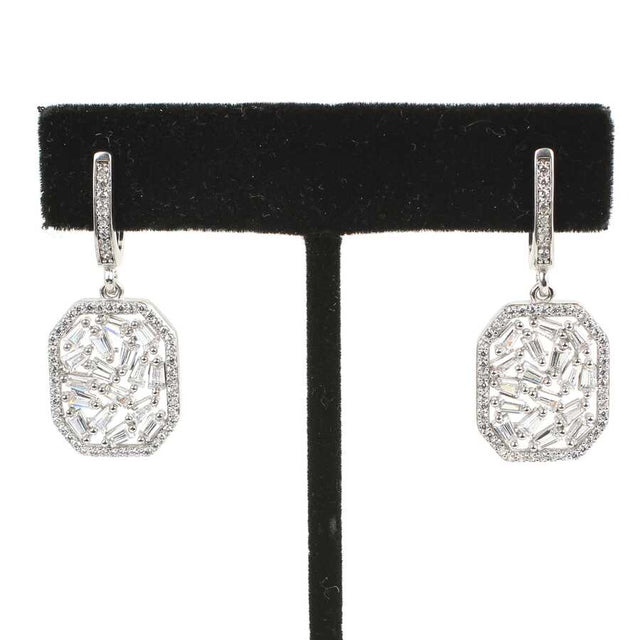 Sterling Silver Baguette Zircon Octagonal Drop Earrings