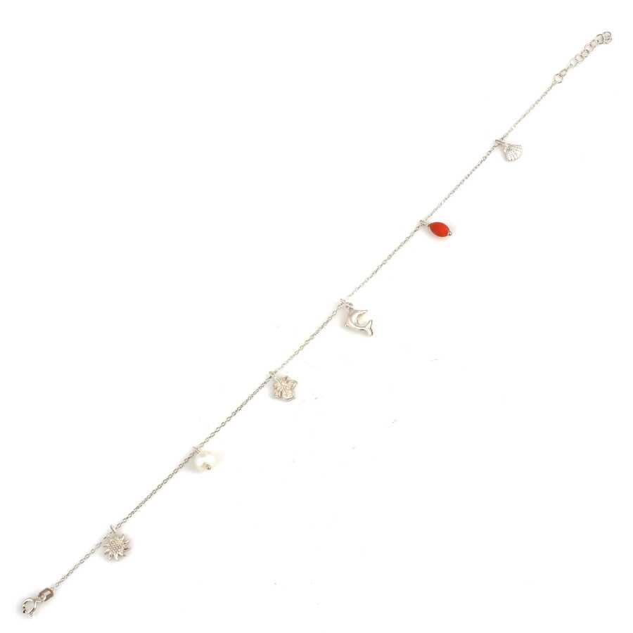 925 Sterling Silver Trendy Summer Charm Anklet - Pearl & Coral