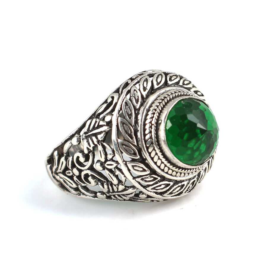 925 Sterling Silver Men's Ring - Round Green Zircon Faceted Stone