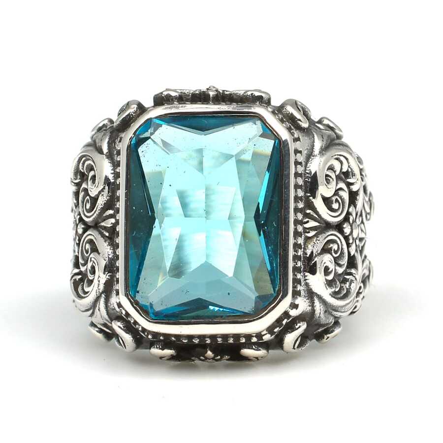 Bague pour homme en argent sterling 925 gravée à la main avec aigue-marine