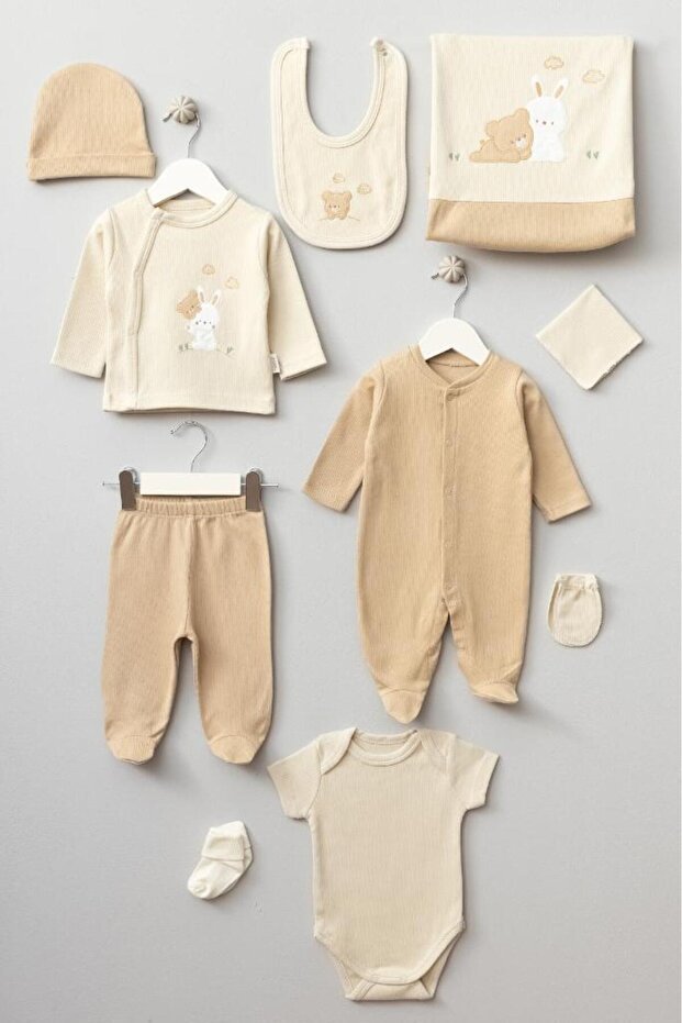 10 - Piece Premium 100% Cotton Newborn Hospital Exit Set - Bear & Rabbit Design - TryAladdin