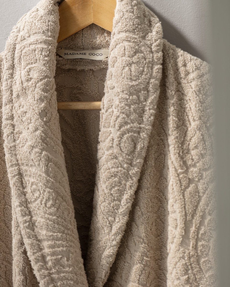 100% Cotton Jacquard Unisex Shawl Collar Bathrobe - Dark Beige - TryAladdin