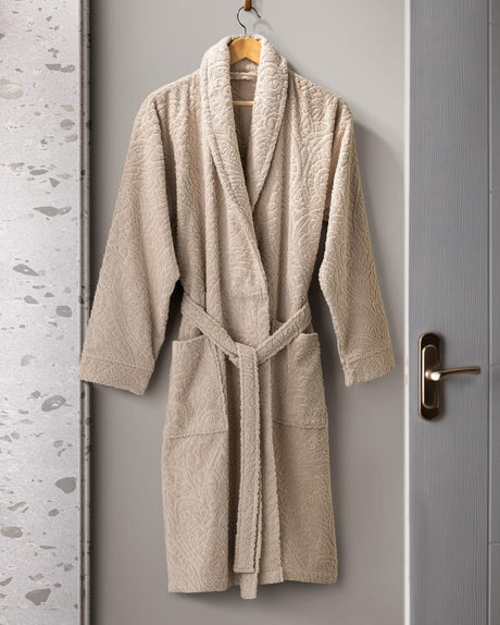 100% Cotton Jacquard Unisex Shawl Collar Bathrobe - Dark Beige - TryAladdin