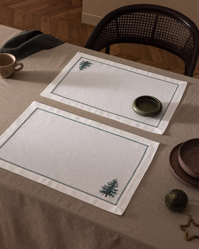 100% Cotton Placemat Set of 2 - Ecru Green Dining Table Linens - TryAladdin