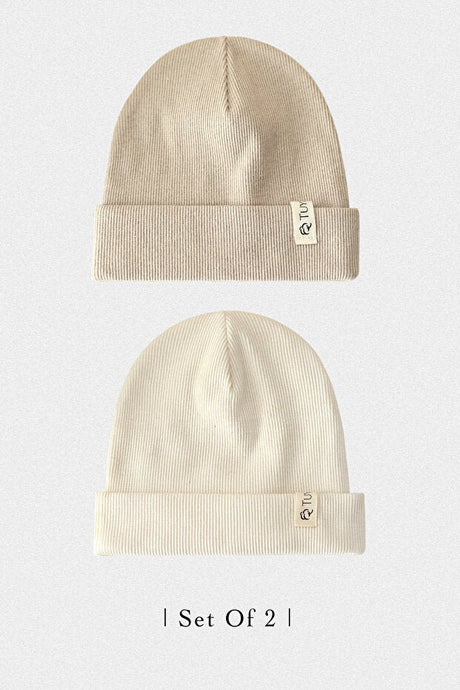 100% Cotton Ribbed Beanies - Beige & Ecru Set of - TryAladdin