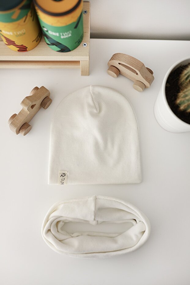 100% cotton Ribbed Ecru Beanie & Neck Warmer Set - TryAladdin