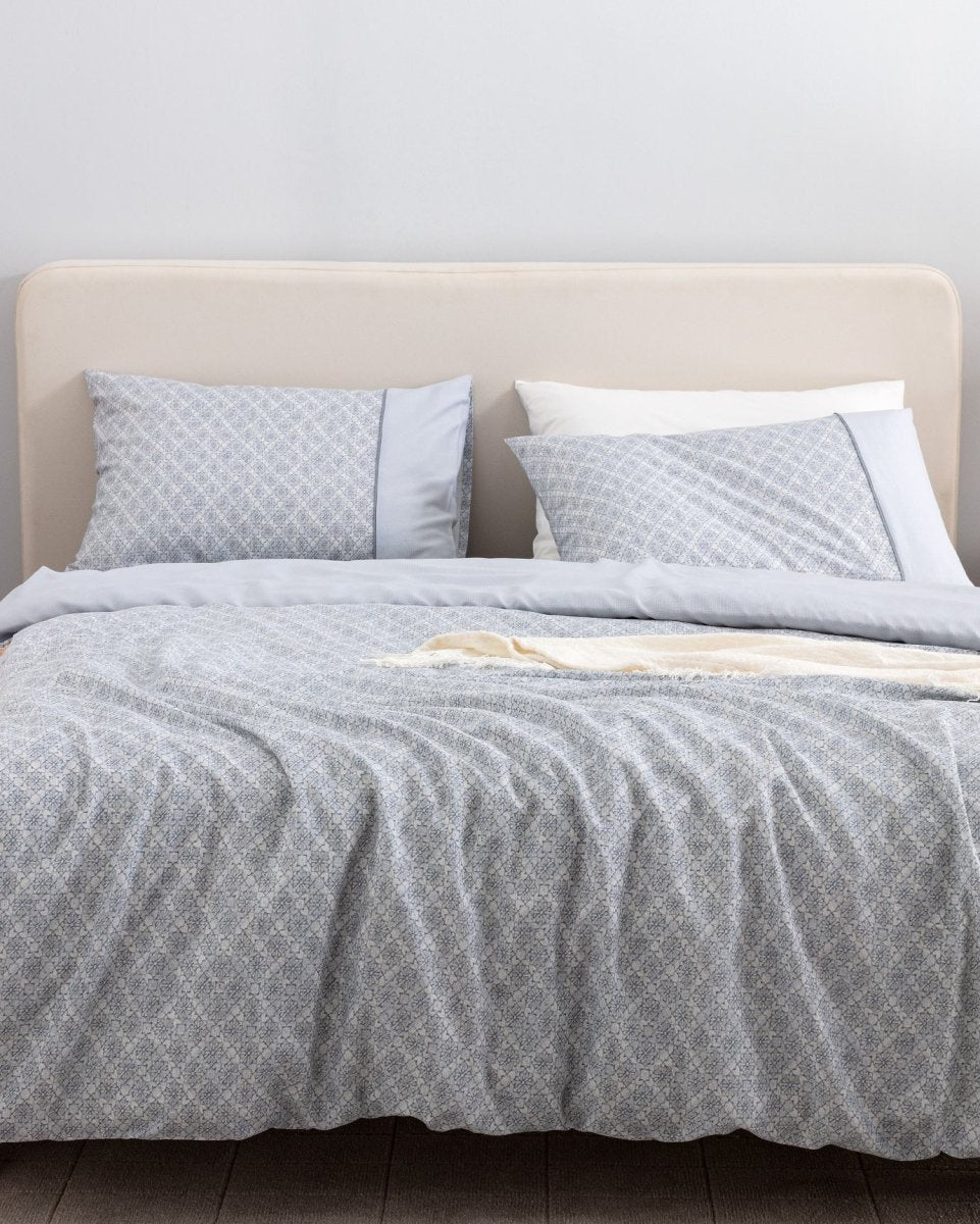 100% Cotton Twin Duvet Cover Set - Printed Crepe Texture, Blue & Grey - TryAladdin