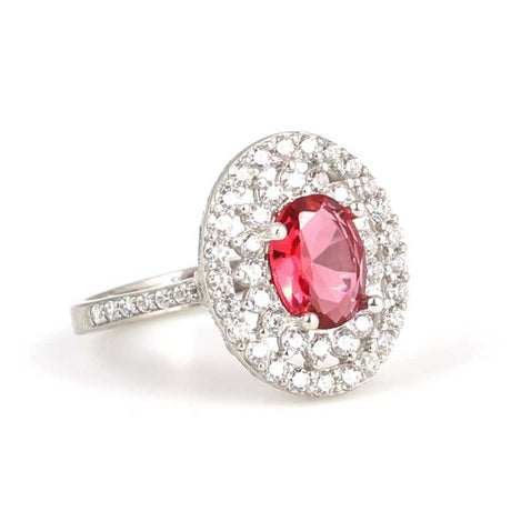 Sterling Silver Oval Ruby Red Double Halo Ring