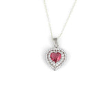 Sterling Silver Double Halo Heart Ruby Red Zircon Pendant Necklace