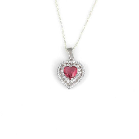 Sterling Silver Double Halo Heart Ruby Red Zircon Pendant Necklace