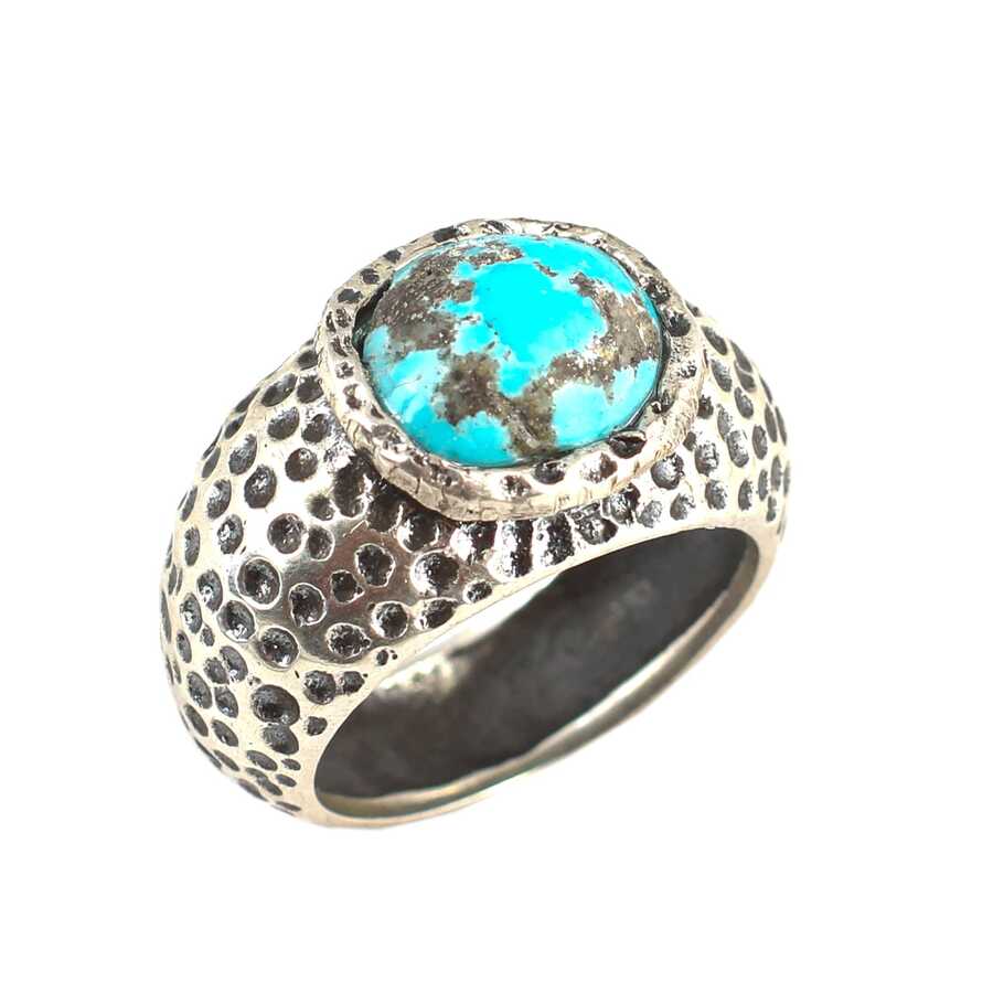 925 Sterling Silver Oval Turquoise Men's Ring with Engravings
