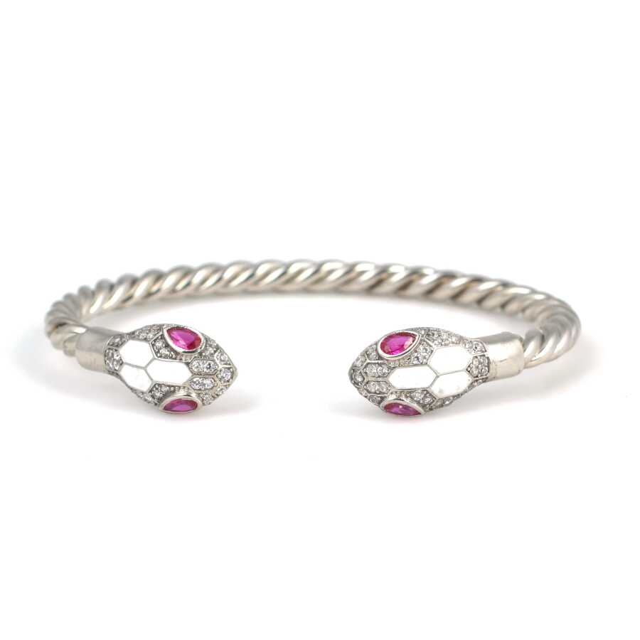 Premium 925 Sterling Silver Men's Bracelet Red Stone Snake Head Twisted Design
