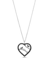 925 Sterling Silver Heart & Bird Necklace with Black Zircon Frame