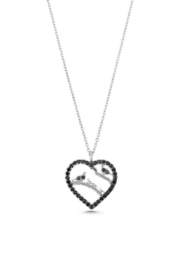 925 Sterling Silver Heart & Bird Necklace with Black Zircon Frame