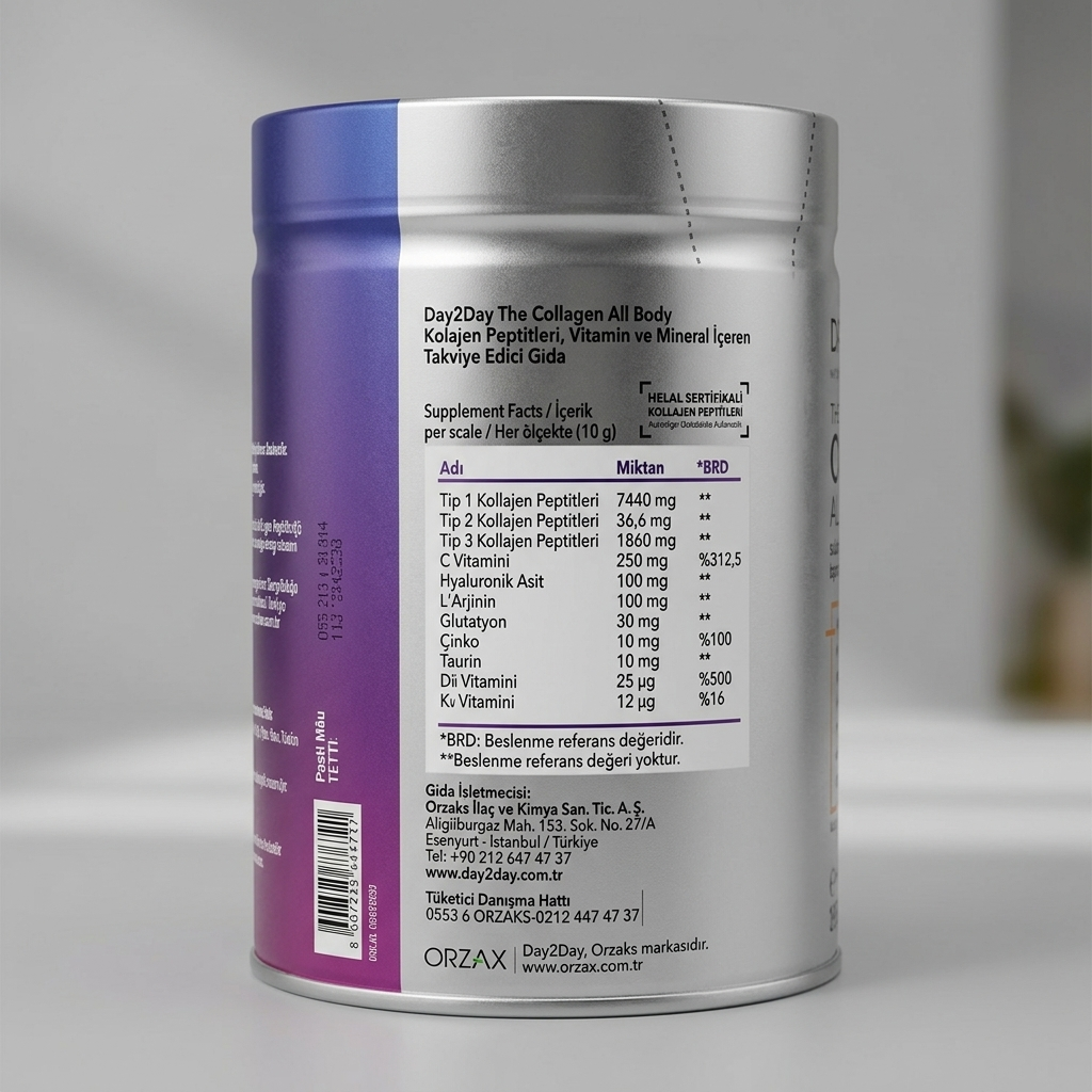 Day2Day Kolagen pro celé tělo - Hydrolyzované kolagenové peptidy více typů s HA a vitamíny - Halal hovězí zdroj - 300g