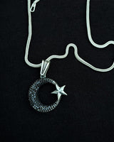 925 Sterling Silver Black Stone Crescent & Star Necklace