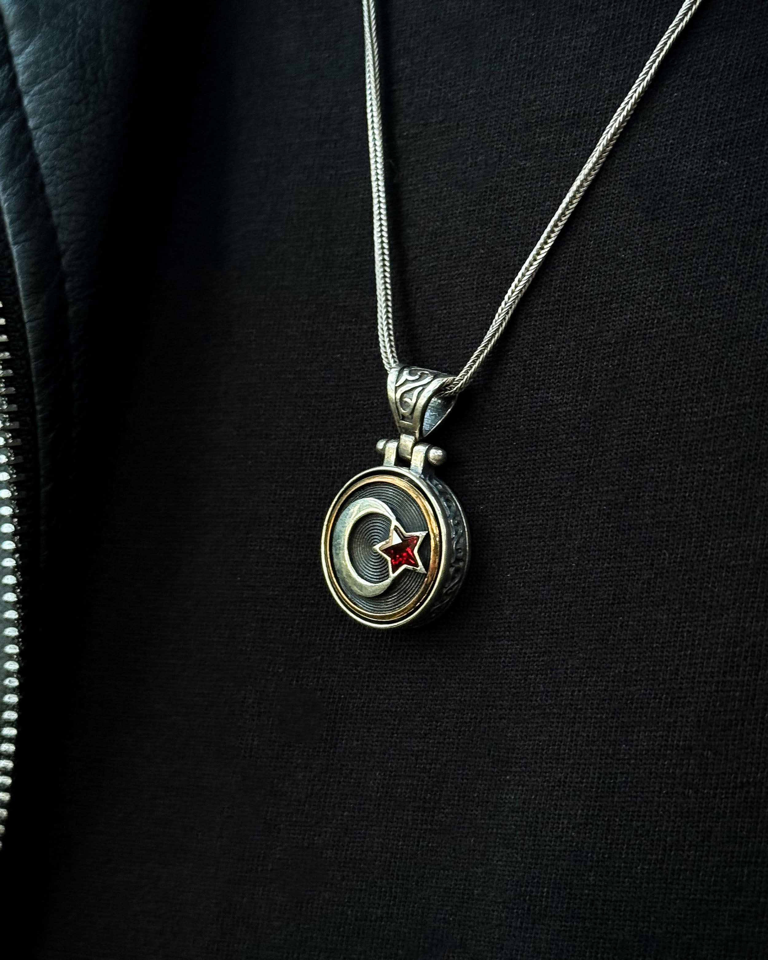 Sterling Silver Crescent & Star Necklace with Rotating Red Stone
