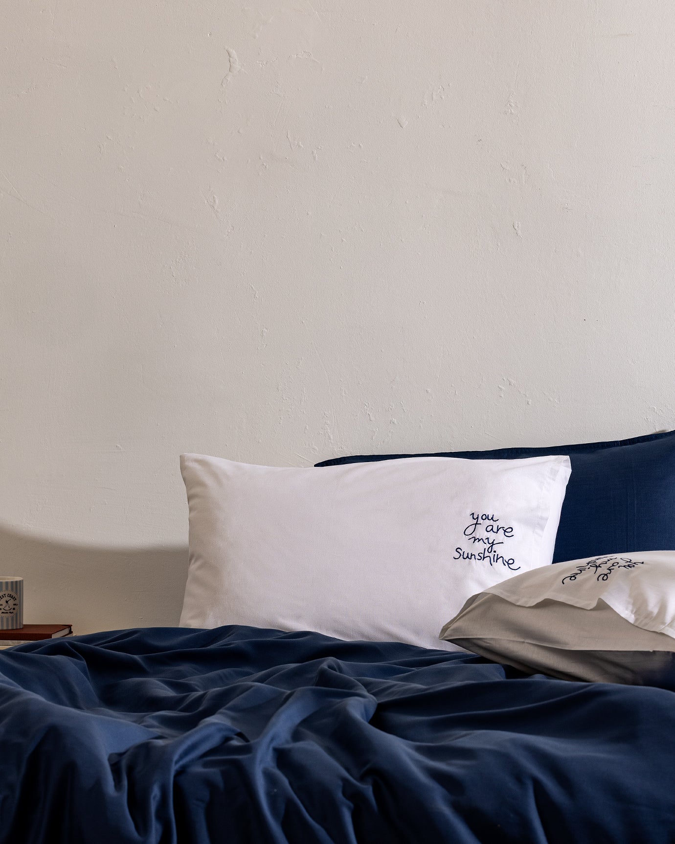 100% Cotton Embroidered Pillowcase Set - 2 Pack - White & Navy Blue