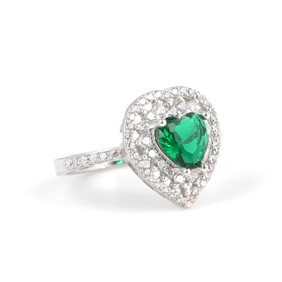 Sterling Silver Heart Ring - Emerald Color Zircon Double Halo