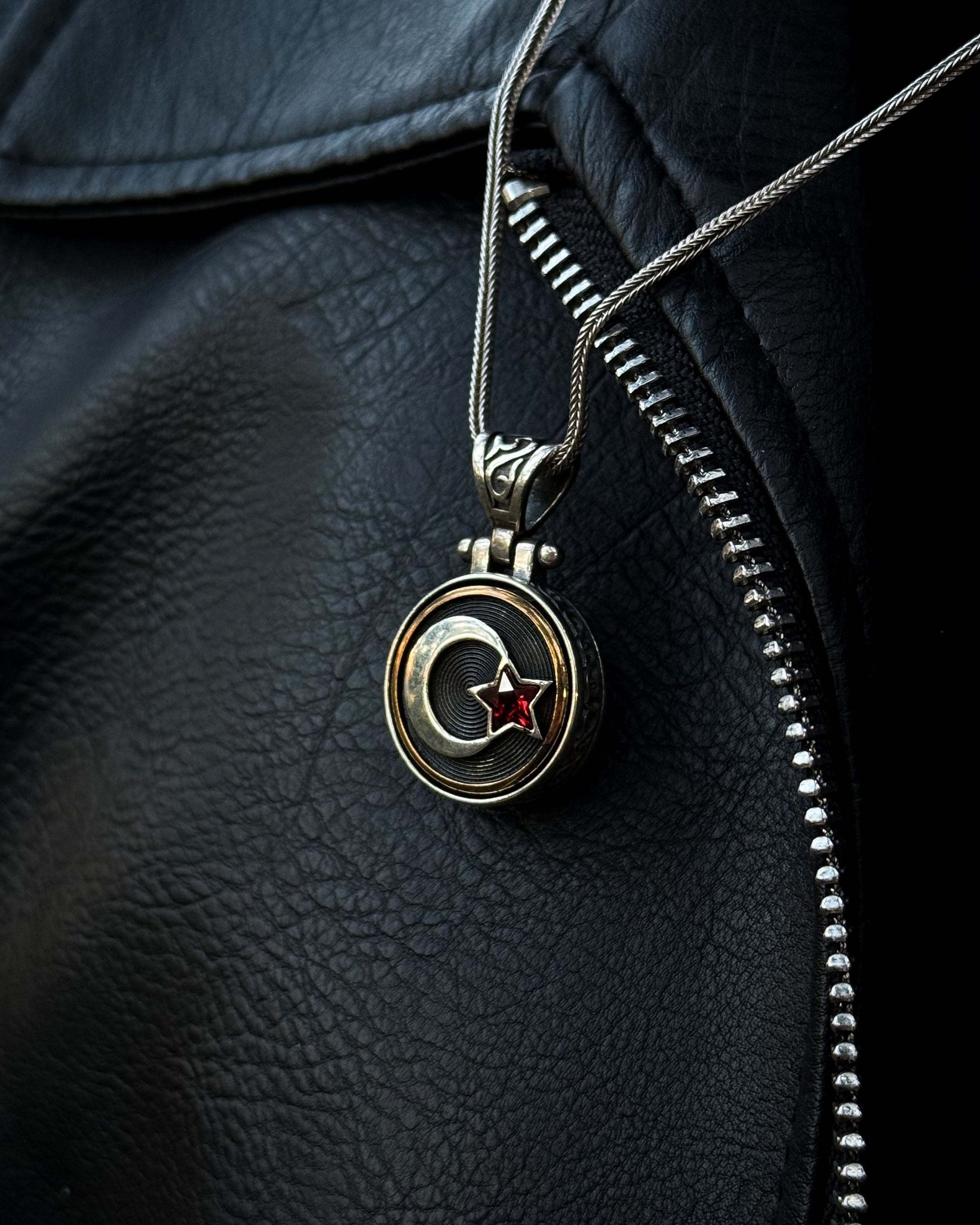 Sterling Silver Crescent & Star Necklace with Rotating Red Stone