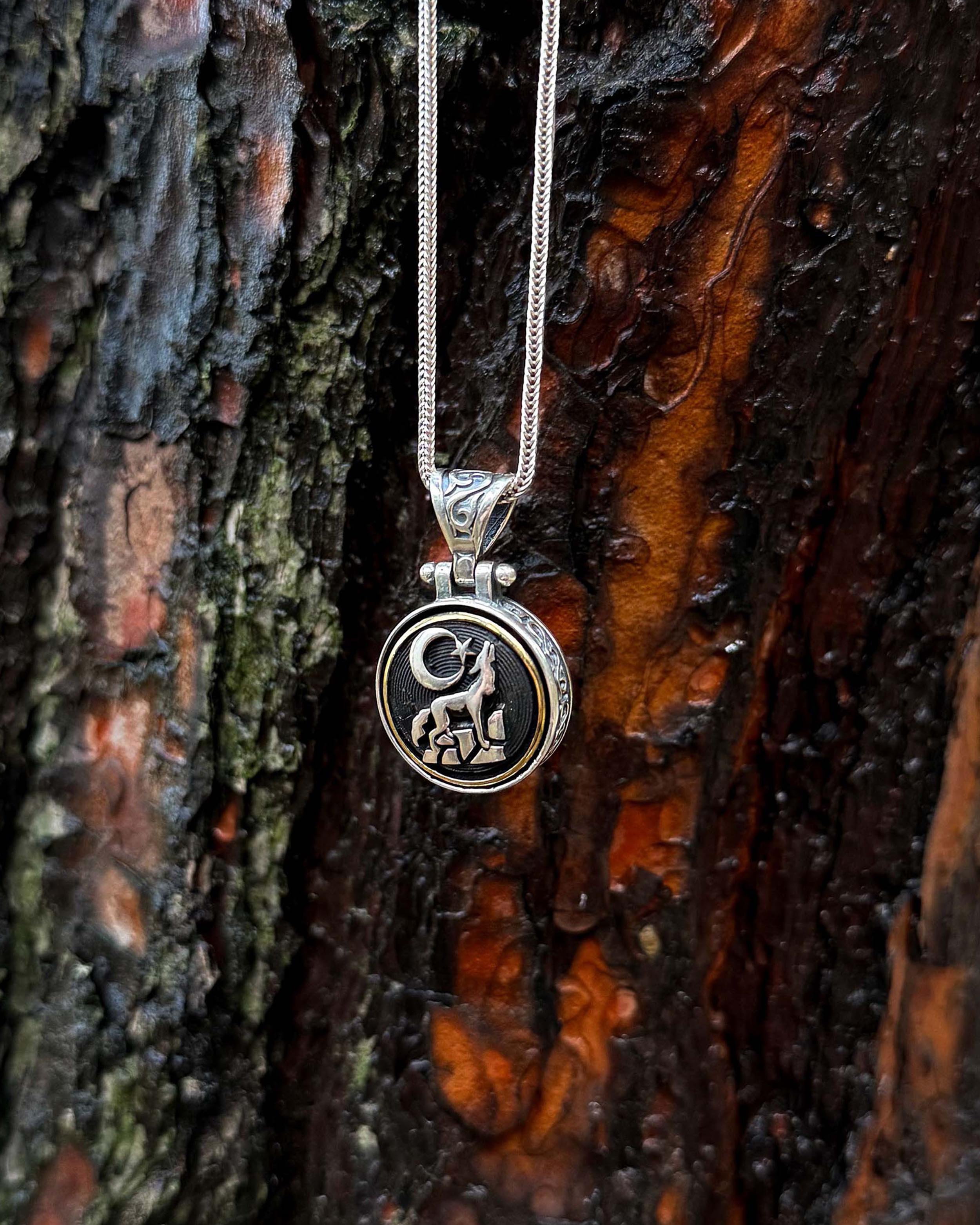 Sterling Silver Rotating Crescent & Wolf Symbol Necklace