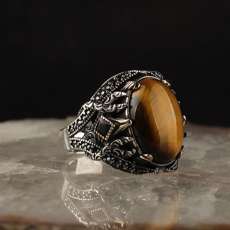 Tesbihevim | Men's Silver Ring with Tiger's Eye Stone