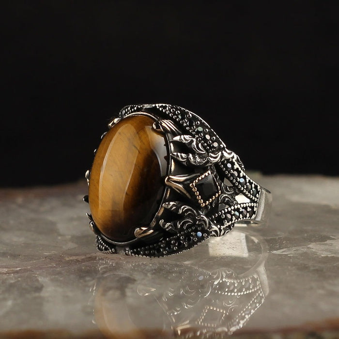 Tesbihevim | Men's Silver Ring with Tiger's Eye Stone